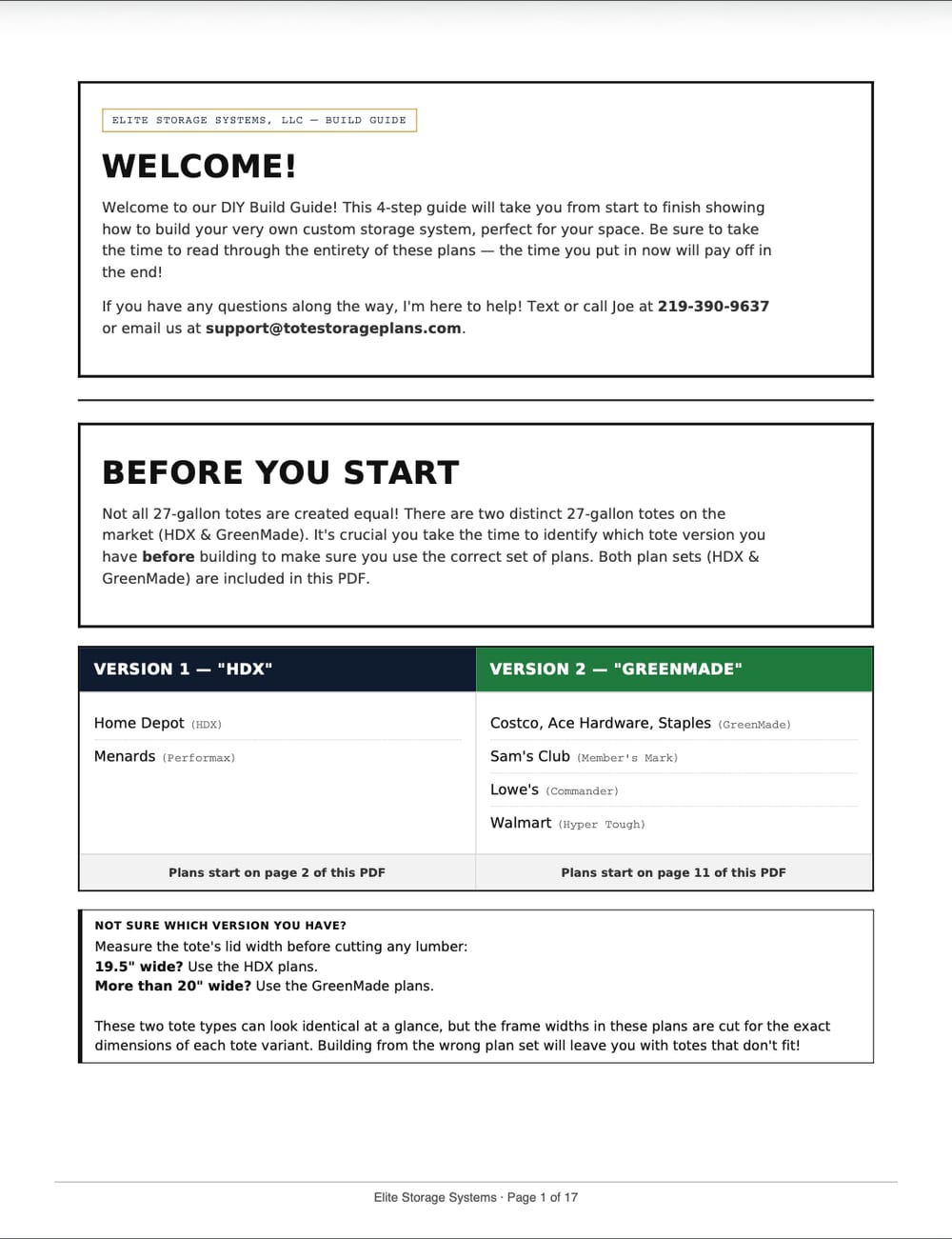 Page 1 — Welcome, from the Elite Storage Systems build guide