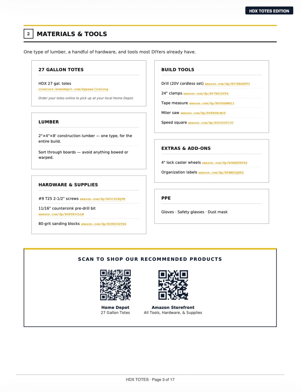 Page 3 — Materials and Tools (HDX edition), from the Elite Storage Systems build guide